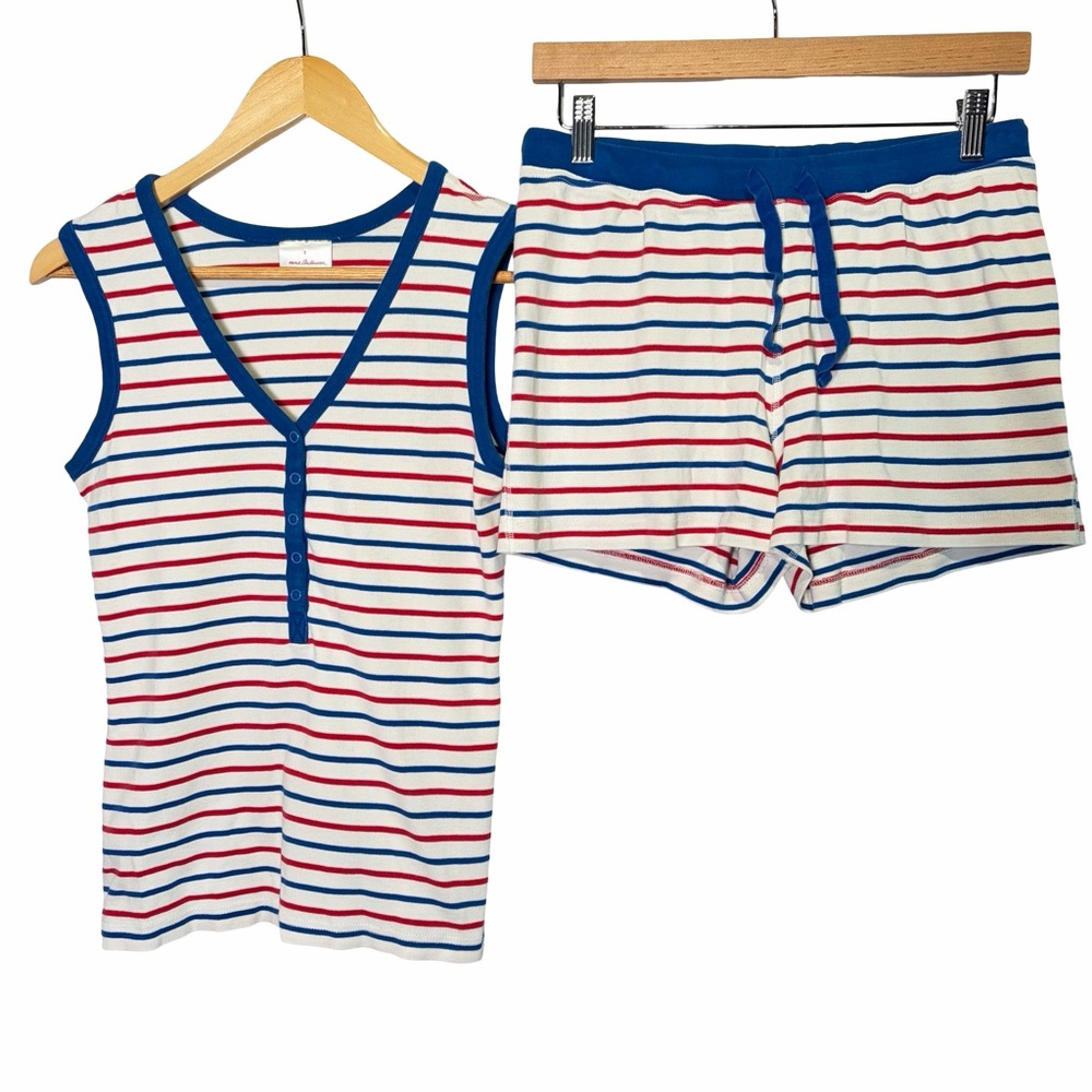 Hanna Andersson Womens Organic Stripe Tank Shorts Pajama Set in Red Blue, Size S
